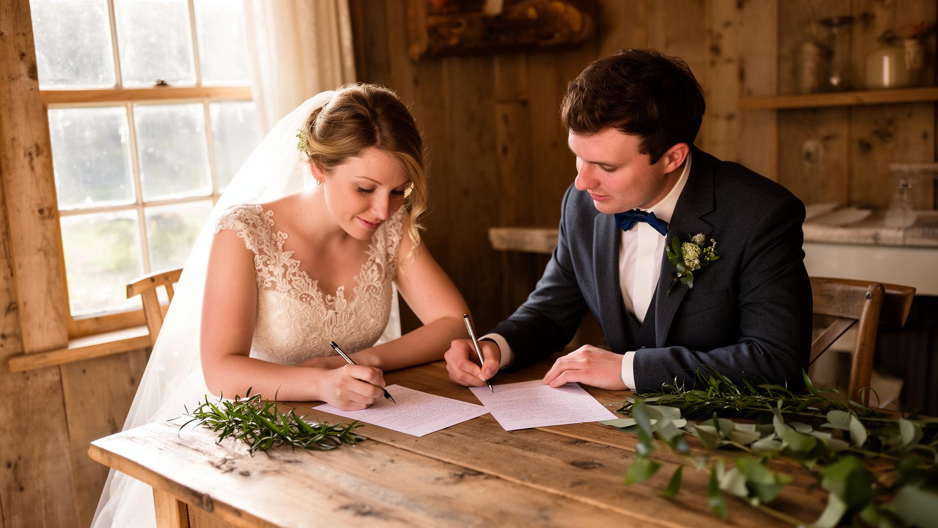 Couple writing personal wedding vows at a wooden farmhouse table in Ireland