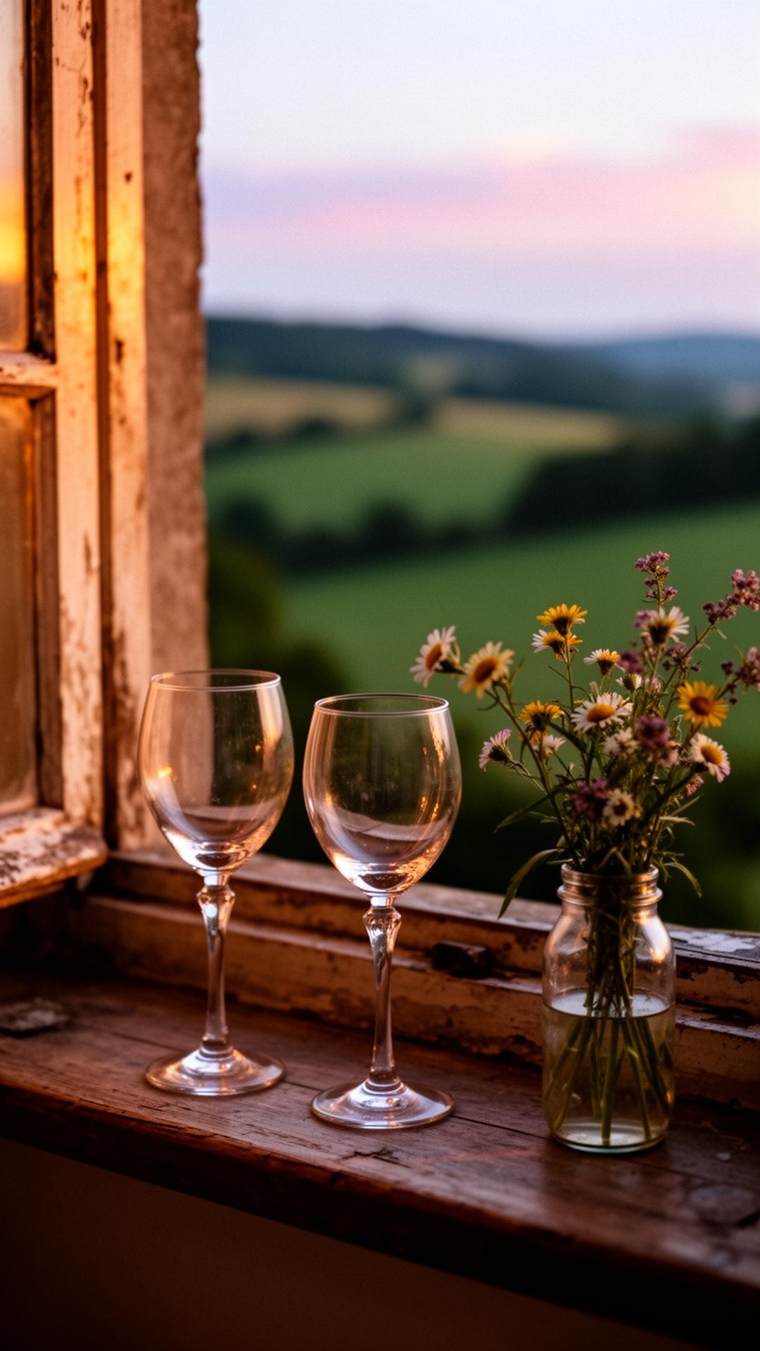 Two wine glasses on an old windowsill at twilight with wildflowers