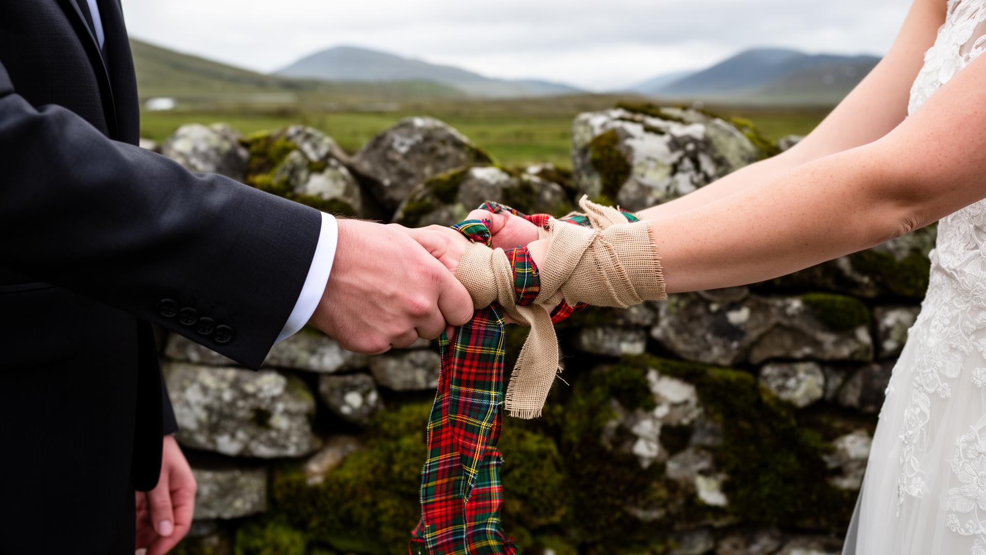 Handfasting ritual with tartan and linen ribbons binding a couple's hands in the Irish countryside