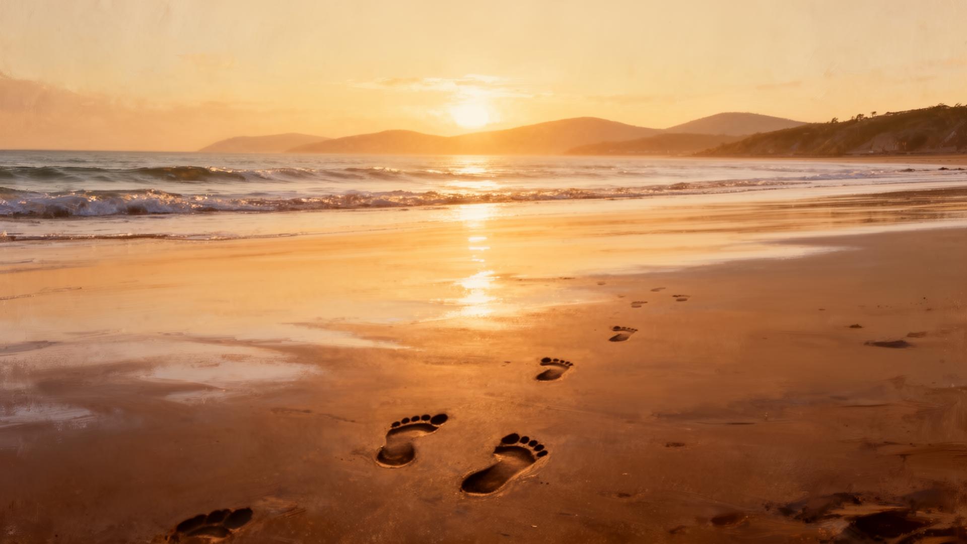 Two pairs of footprints in the sand at golden hour