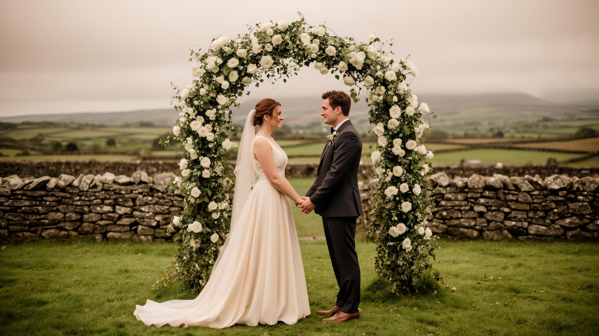 Bride and groom holding hands beneath a white rose archway in the Irish countryside