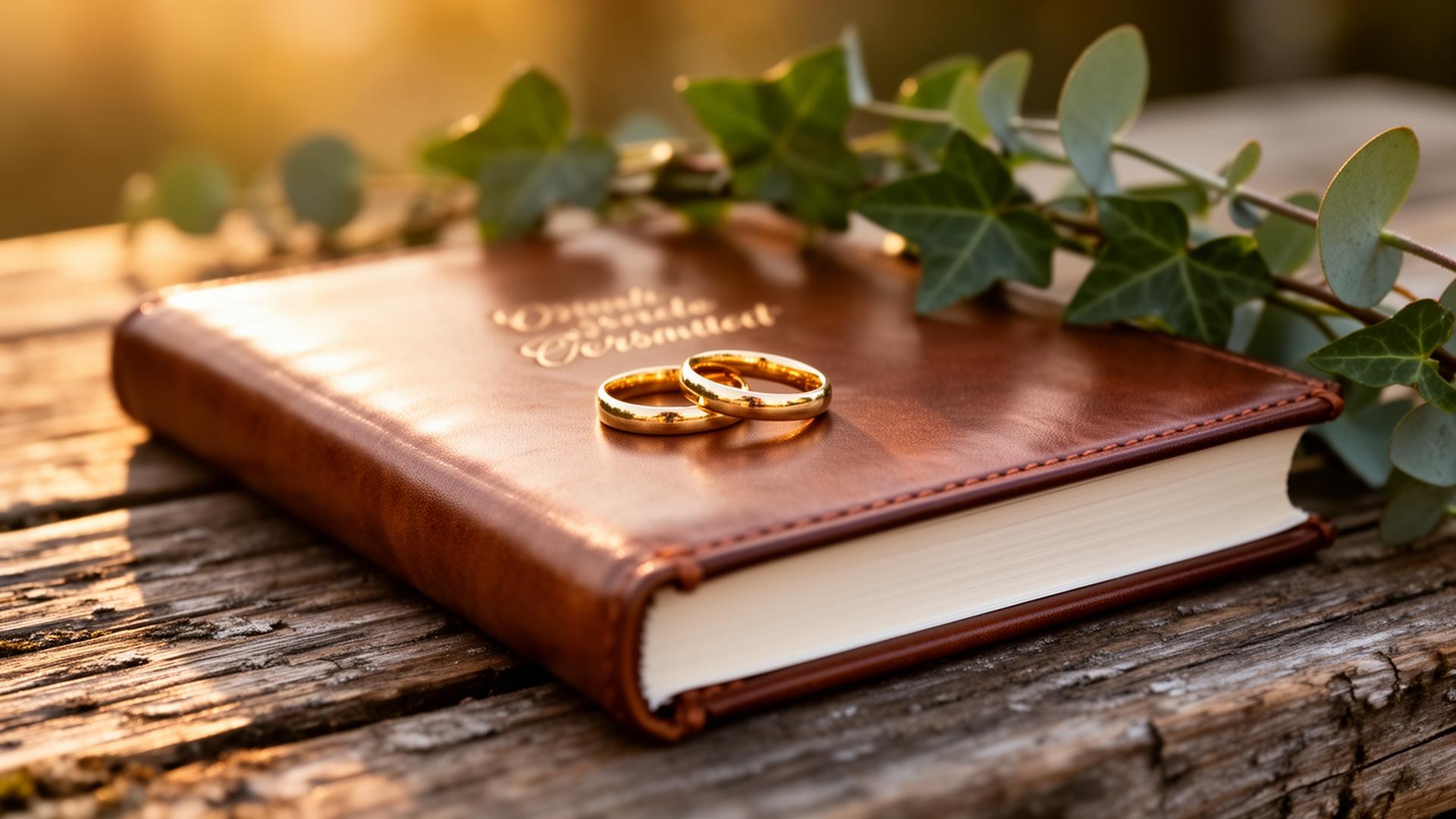 Two gold wedding rings resting on a leather-bound ceremony book at golden hour