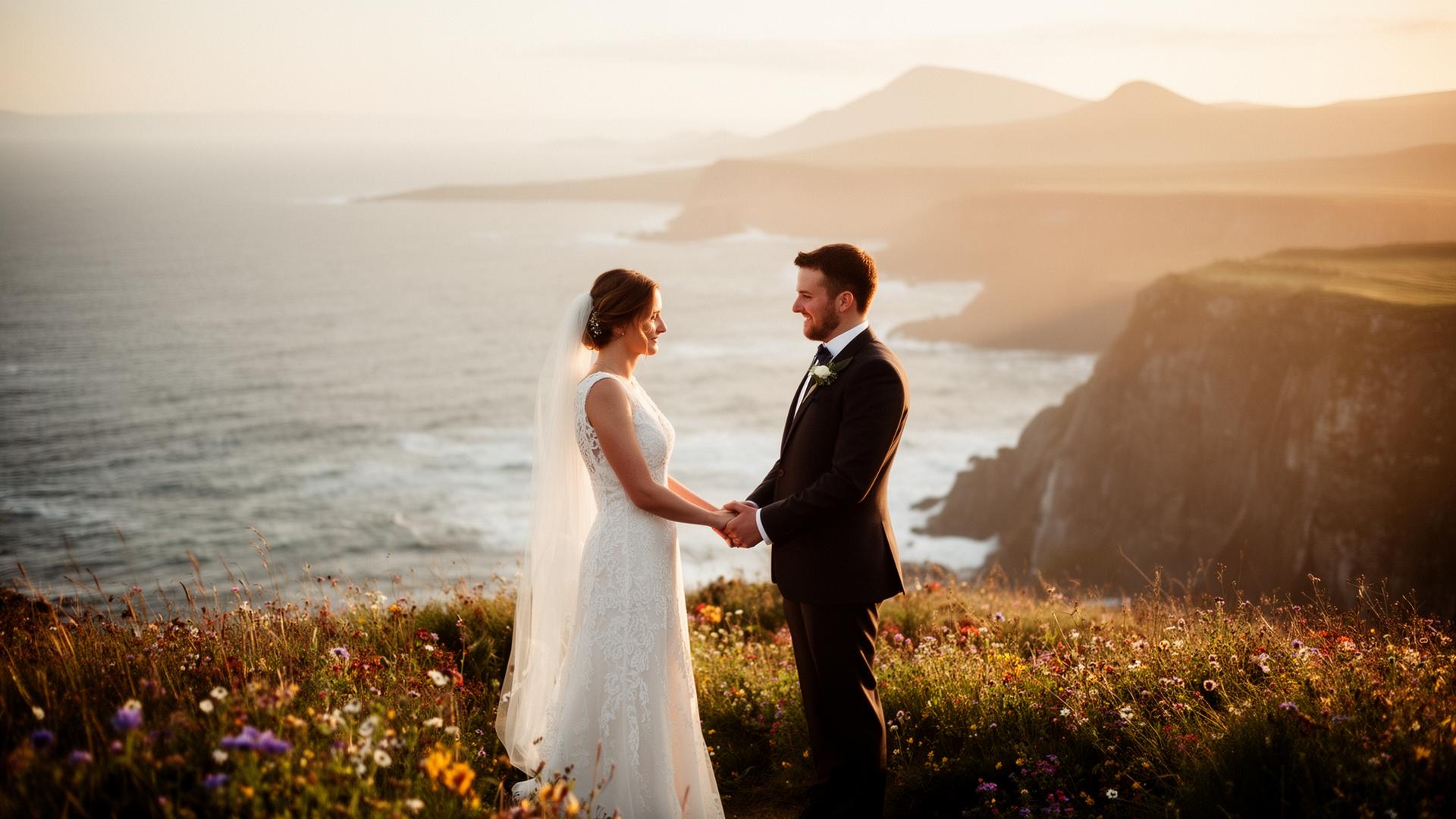 Bride and groom holding hands at golden hour on a dramatic Atlantic cliff in Donegal, Ireland, with wildflowers in the foreground