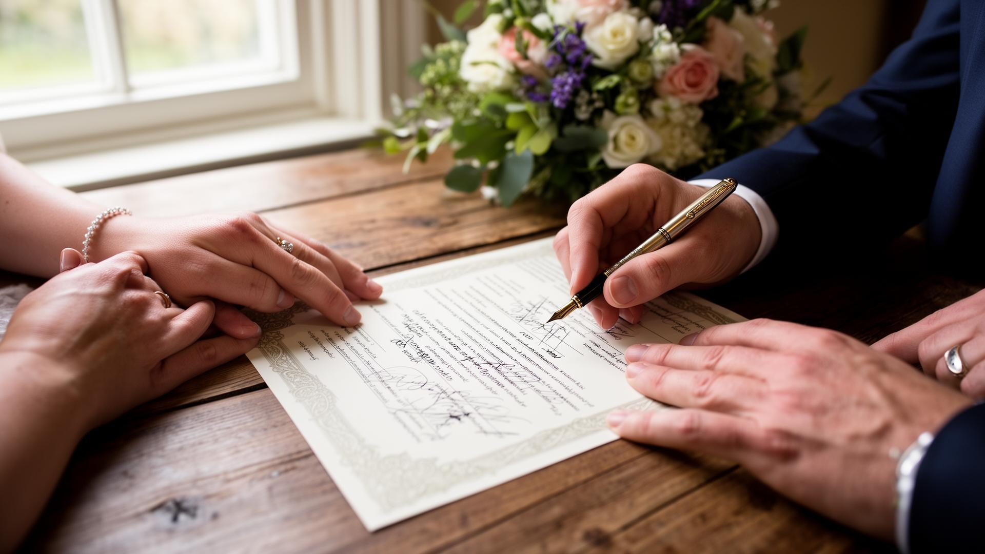 A couple in Ireland signing the Marriage Registration Form with a fountain pen, signed by the legal wedding solemniser